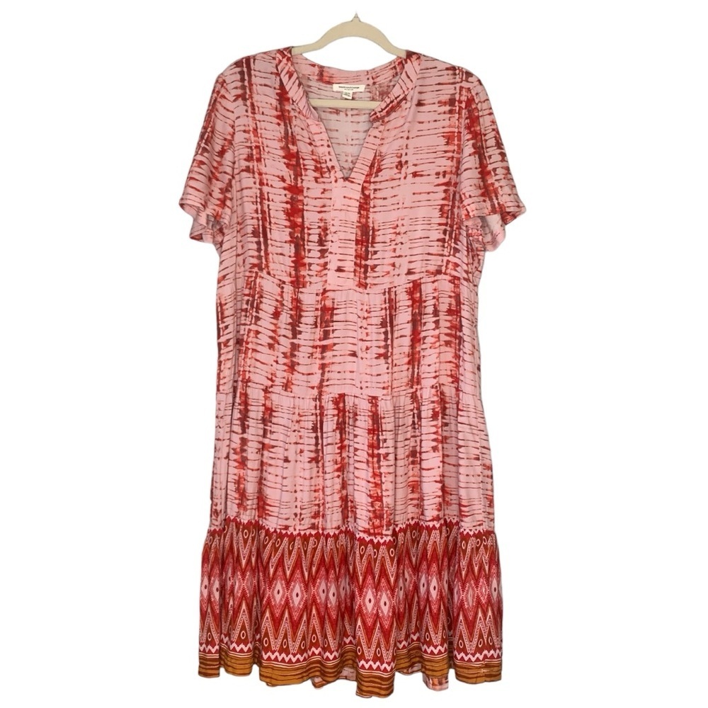 Beachlunchlounge pink boho coley print short sleeve ruffle tiered dress. Size L